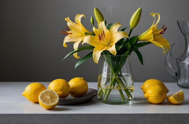 Photo a still life with yellow lilies lemons and a clear glass vase