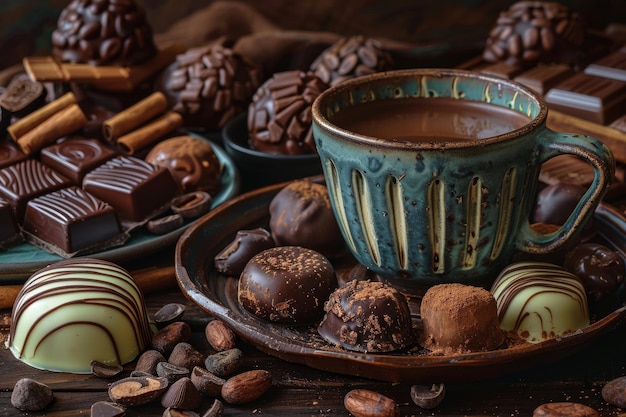 Photo still life of world chocolate day treats various types of chocolates truffles cocoa beans