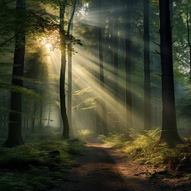 Stillness in a tranquil forest with beams of sunlight