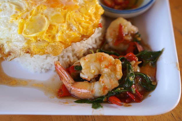 Stir Fried Basil with Shrimp and Fried Egg