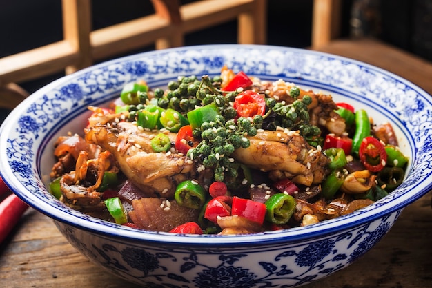 Stir-fried bullfrog with green and red peppers