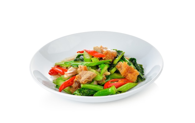 Stir fried kale with crispy pork