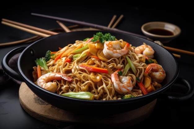 Stir fried noodles with shrimps and vegetables in cast iron cooking pan on dark table background