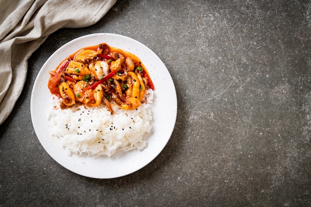 stir-fried octopus or squid and Korean spicy paste (osam bulgogi) with rice