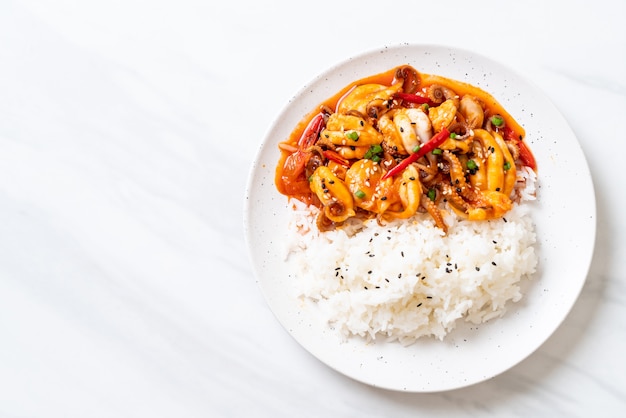 stir-fried octopus or squid and Korean spicy paste (osam bulgogi) with rice