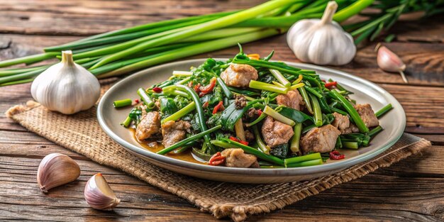 Photo stir fried pork with chinese chives flower and garlic on wooden background