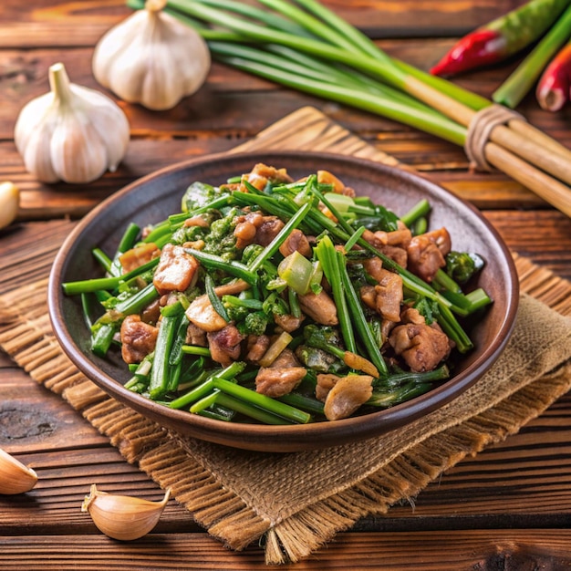 Stir Fried Pork with Chinese Chives Flower and Garlic on wooden background