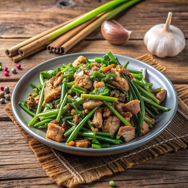 Photo stir fried pork with chinese chives flower and garlic on wooden background