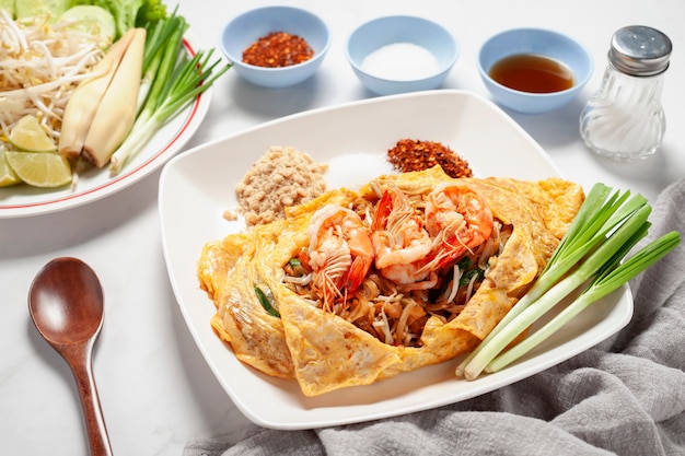 Stir fried rice sticks or noodle with prawns. Thai popular menu. Thai food is called Pad thai.