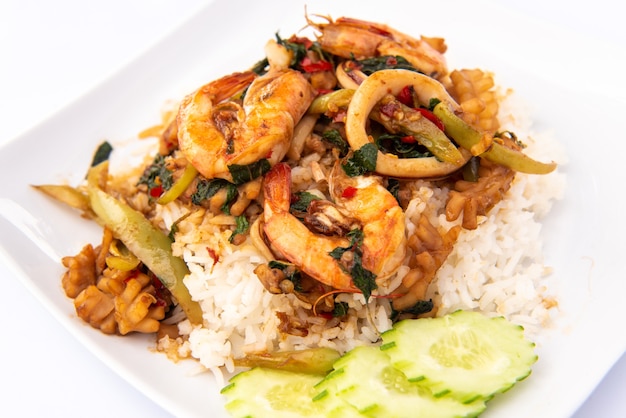 Stir Fried Seafood with Basil on Rice