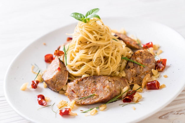 Stir-Fried Spaghetti with Sai Aua (Notrhern Thai Spicy Sausage)