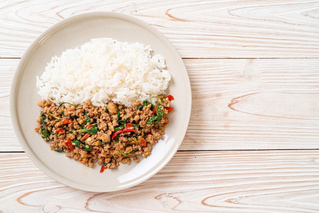 Stir fried Thai basil with minced pork and chilli on topped rice, Thai local food style