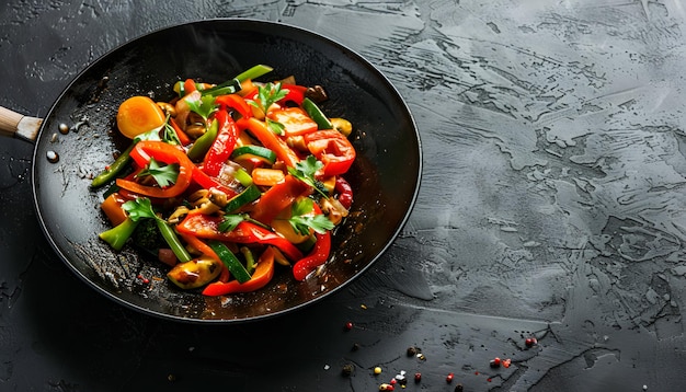 Photo stir fried vegetables in a wok on dark table