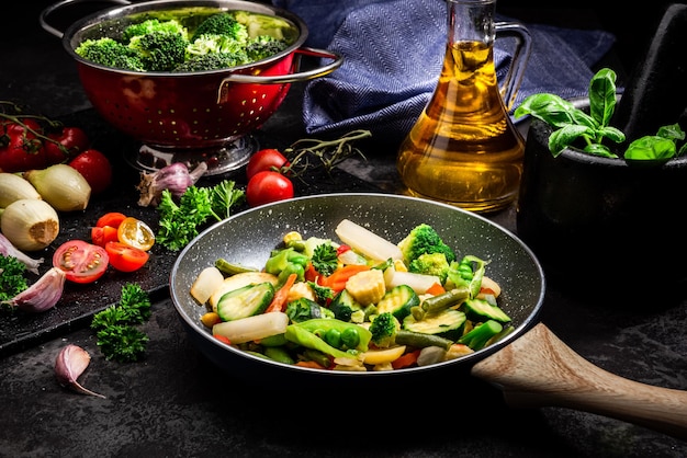 Stir Fry Fresh Vegetables Mix on Frying Pan Dark Tones Black Image Healthy Eating Ideas