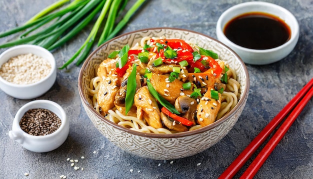 Stir fry noodles with chicken slices red paprika mushrooms soy sauce and sesame seeds Asian dish