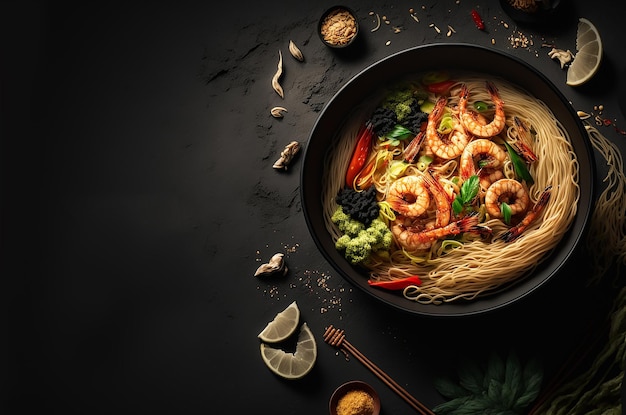 Stir fry noodles with vegetables and shrimps in black bowl Illustration Generative AI