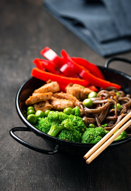 Stir fry soba with meat and vegetables