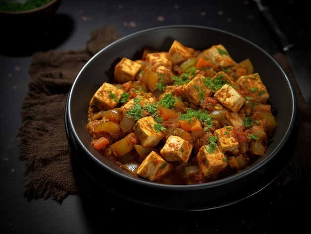 Stir fry tofu in curry stew on black concrete countertop world food day images