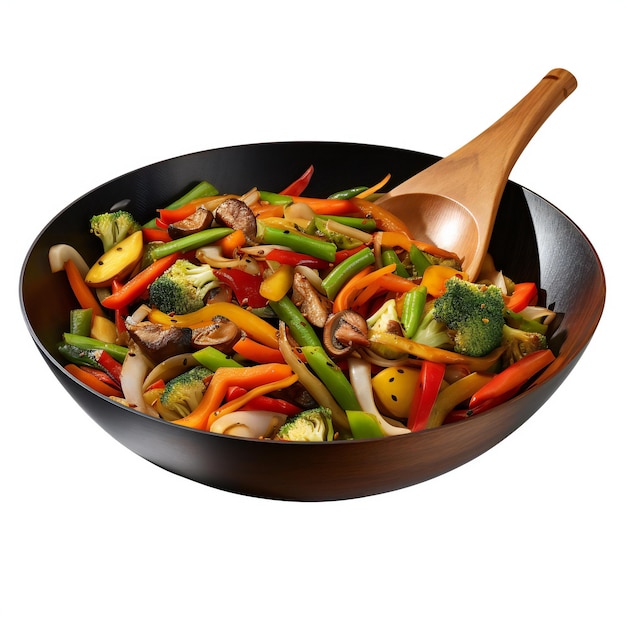 Stir fry vegetables in black bowl isolated on white background