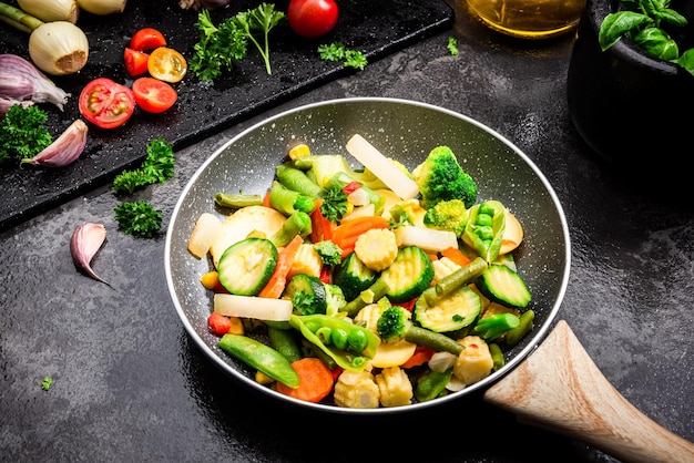 Stir Fry Vegetables on Pan Close Up View Clean Healthy Eating Vegetable Mix Green Diet