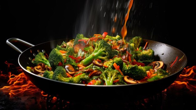 Photo stir fry vegetables in a wok with fire on black background