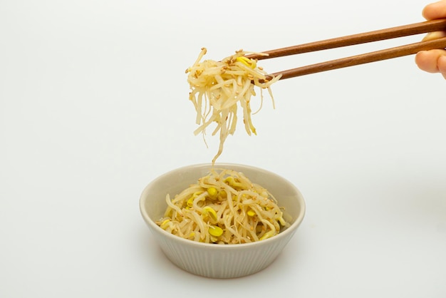 Stirfried bean sprouts neatly served in a bowl