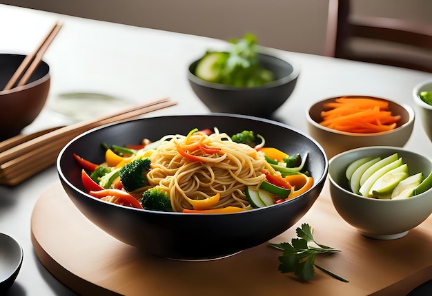 Photo stirfried noodles with assorted vegetables in a bowl