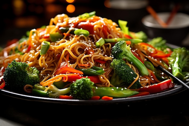 stirfried noodles with vegetables on black plate closeup