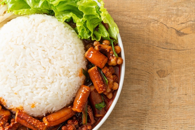 Stirfried squid or octopus with Korean spicy sauce rice bowl