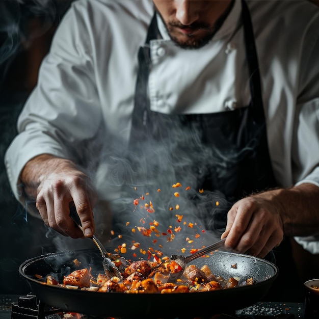 Photo stirfrying in a hot pan with two spoons