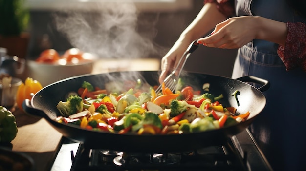 Stirring vegetables in a frying pan