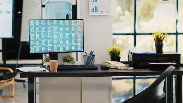 Stock analytics figures on PC screen in financial department workplace