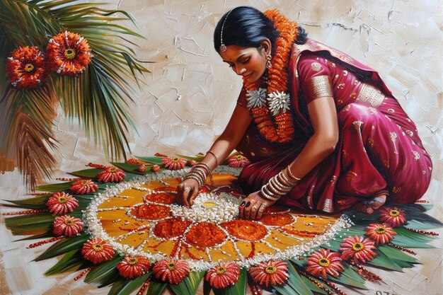 Stock artwork of indian lady making rangoli for diwali pongal or onam