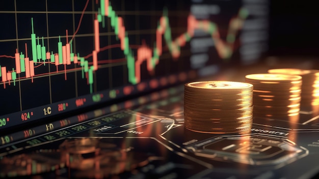 A stock chart with gold coins on it and a stock chart in the background.