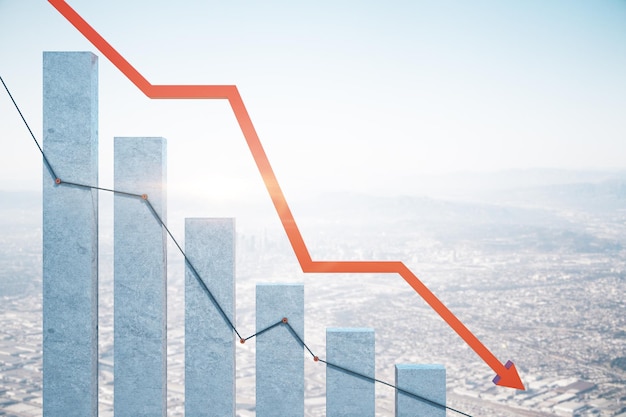 Stock crash recession chart with red arrow on city background