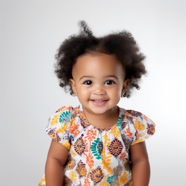 Stock image of a baby girl in a patterned dress against a white background Generative AI