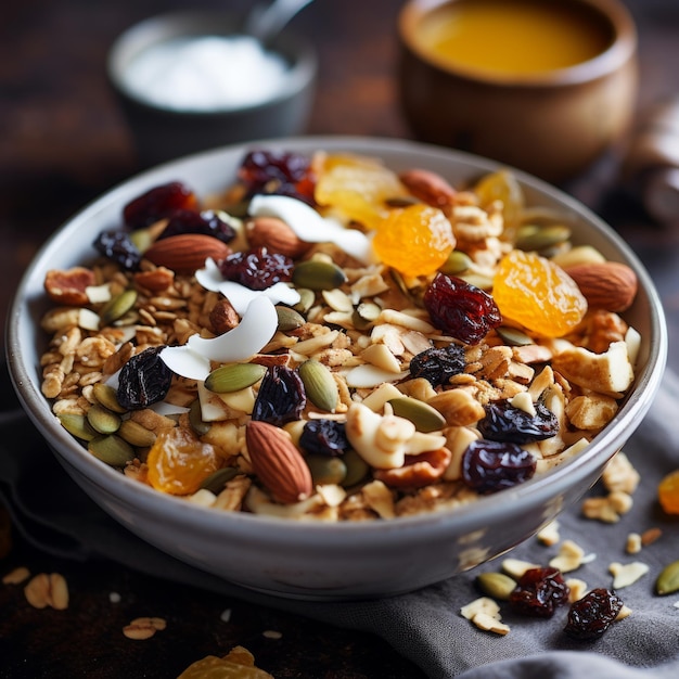 Stock image of a bowl of homemade granola with nuts seeds and dried fruits a nutritious breakfas Generative AI