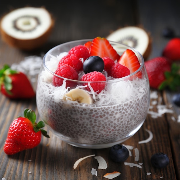 Stock image of a chia seed pudding topped with fresh berries and coconut flakes healthy and nutritious dessert Generative AI