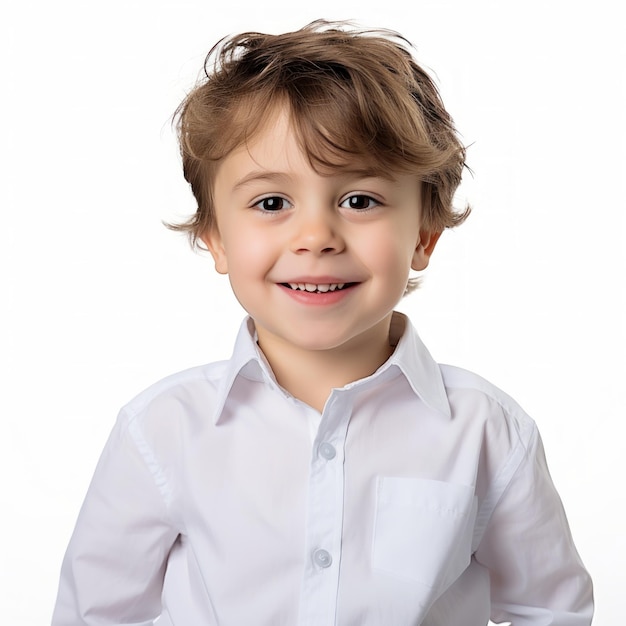 Stock image of a child in a buttonup shirt on a plain white background Generative AI