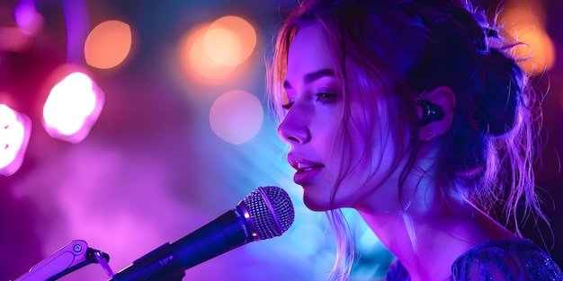 Stock image of a female singer performing with a microphone on stage Concept Concert Performance Singer Musician Stage