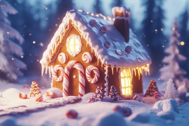 Photo stock image of a gingerbread house in a fairy tale forest in the dark of winter