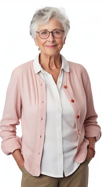 Stock image of a grandma in everyday attire on a plain white background Generative AI