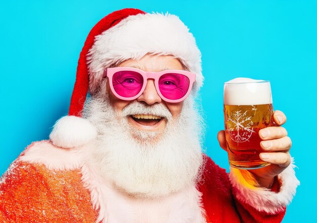 Photo stock image of a punk rock santa claus drinking beer while laughing against a minimal background creative relaxed christmas celebration