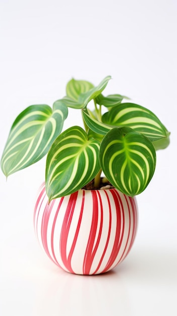 Stock image of a Watermelon Peperomia on a white background unique striped leaves resembling a watermelon rind cute and decorative Generative AI