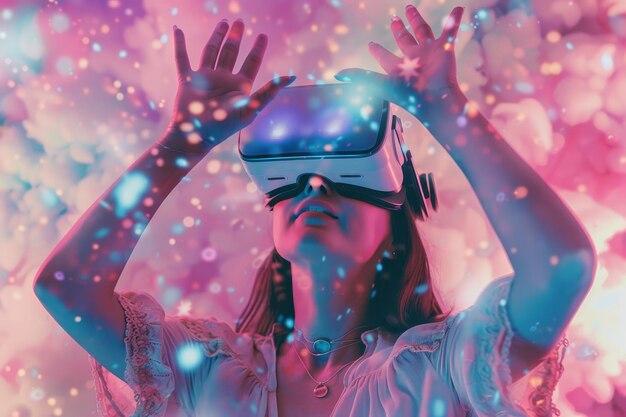 Stock image of a young woman wearing neoncolored virtual reality glasses Compilation of human enhancements