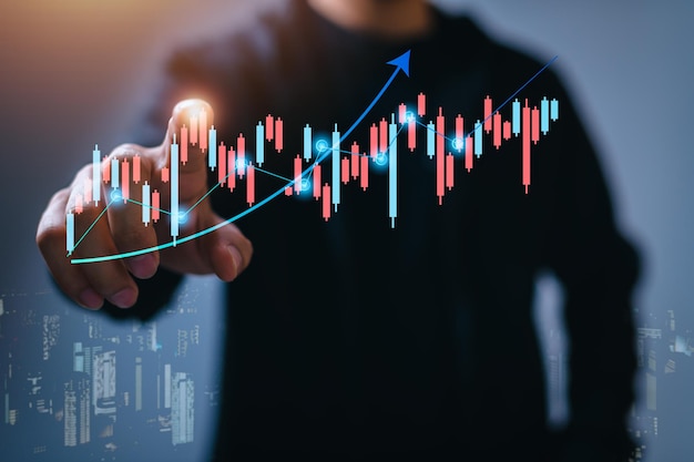 Stock market Business growth progress or success concept showing a growing virtual hologram stock invest in trading planning and strategy metaverse busiess