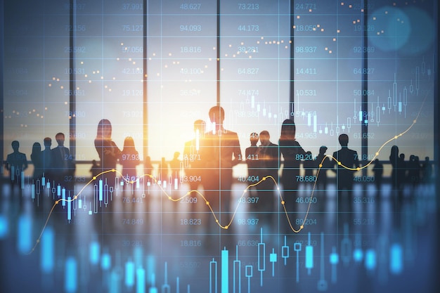 Stock market business and trading concept with digital screen with financial chart graphs and candlestick and group of people in office at sunset double exposure