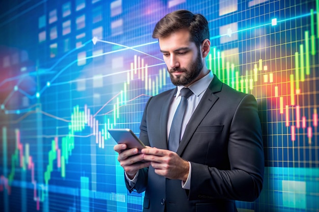 Stock market Businessman using a mobile device to check market data and currency exchange rates on colorful background