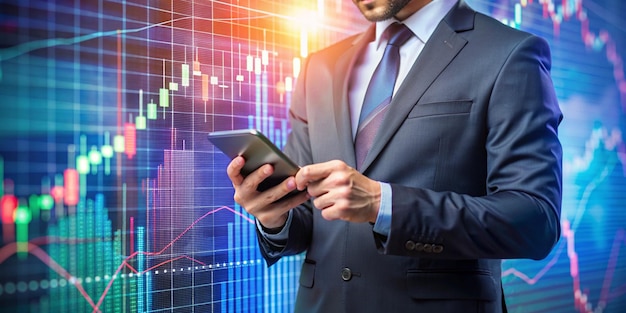 Stock market Businessman using a mobile device to check market data and currency exchange rates on colorful background