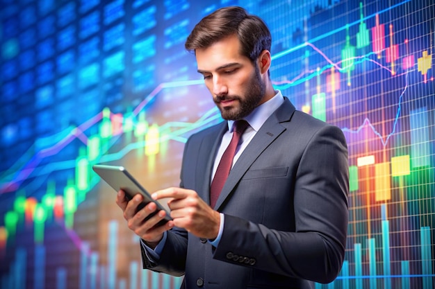 Stock market Businessman using a mobile device to check market data and currency exchange rates on colorful background